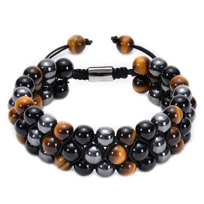 Wholesale 6mm 8mm Double Layers Natural Tiger Eye Agate Stone Bracelet With Hand- Woven Rope for Men