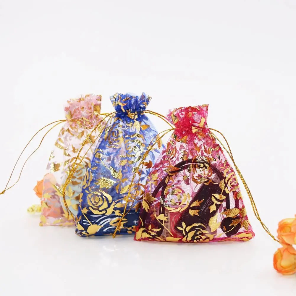 Lanwei 11*16cm Sheer Drawstring Organza Bags Multi-color Rose Flower Jewelry Candy Pouches Custom Logo Wedding Party Christmas