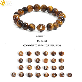 CSJA Natural Stone Round Beaded A-Z Initial Gemstone Healing Rose Quartz Tiger Eye Crystal Letter Bracelets for Men Women H282