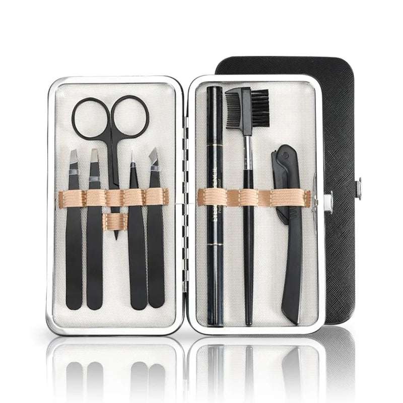Custom Pack of 8 Professional Slanted Tip Stainless Steel Eyebrow Tweezer Set Kit with PU Leather Case