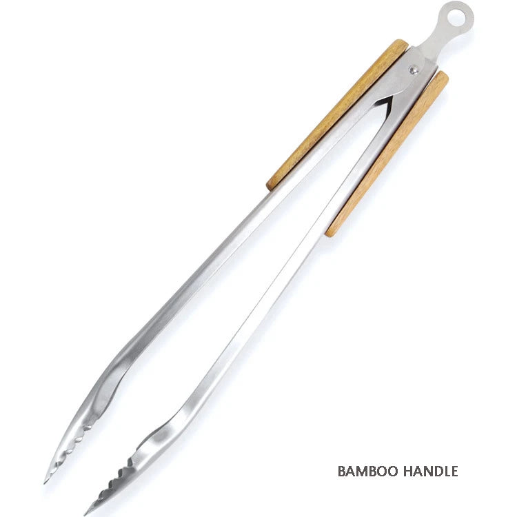 Kitchen Gadgets Hot Sell Premium 19"  Stainless Steel Kitchen BBQ Food Tong with Bamboo Wood Handle