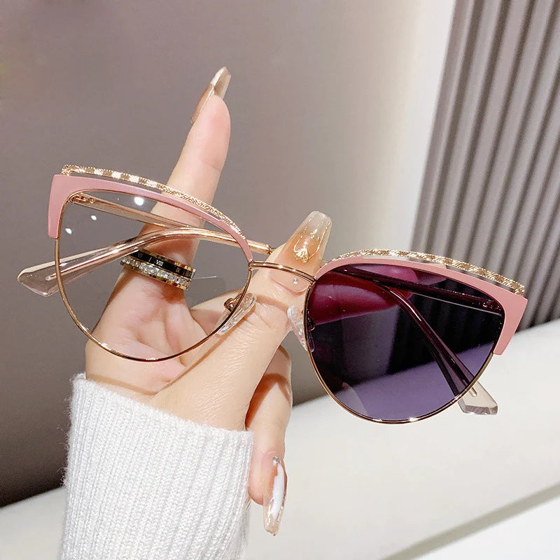 New Wholesale Woman Girl Ladies Metal Cat Eye Anti Blue Light Blocking Retro Photochromic Photogray Lunett Sunglasses Shades