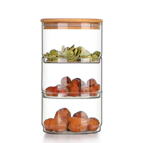 Creative Design Stackable Glass Storage Jar Glass Jar with Sealed Wooden Lid Space-saving Glass Jar