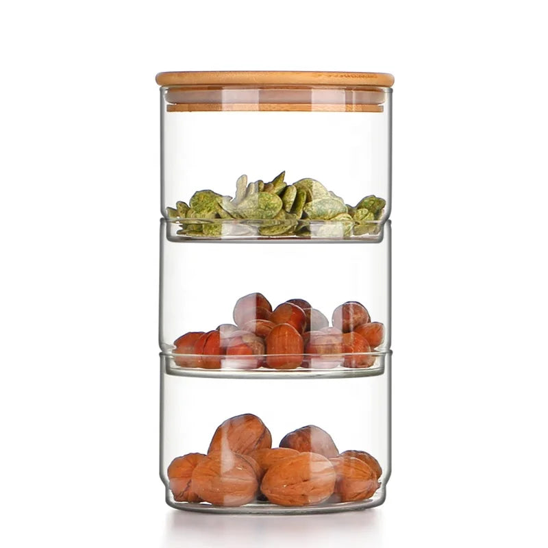 Creative Design Stackable Glass Storage Jar Glass Jar with Sealed Wooden Lid Space-saving Glass Jar