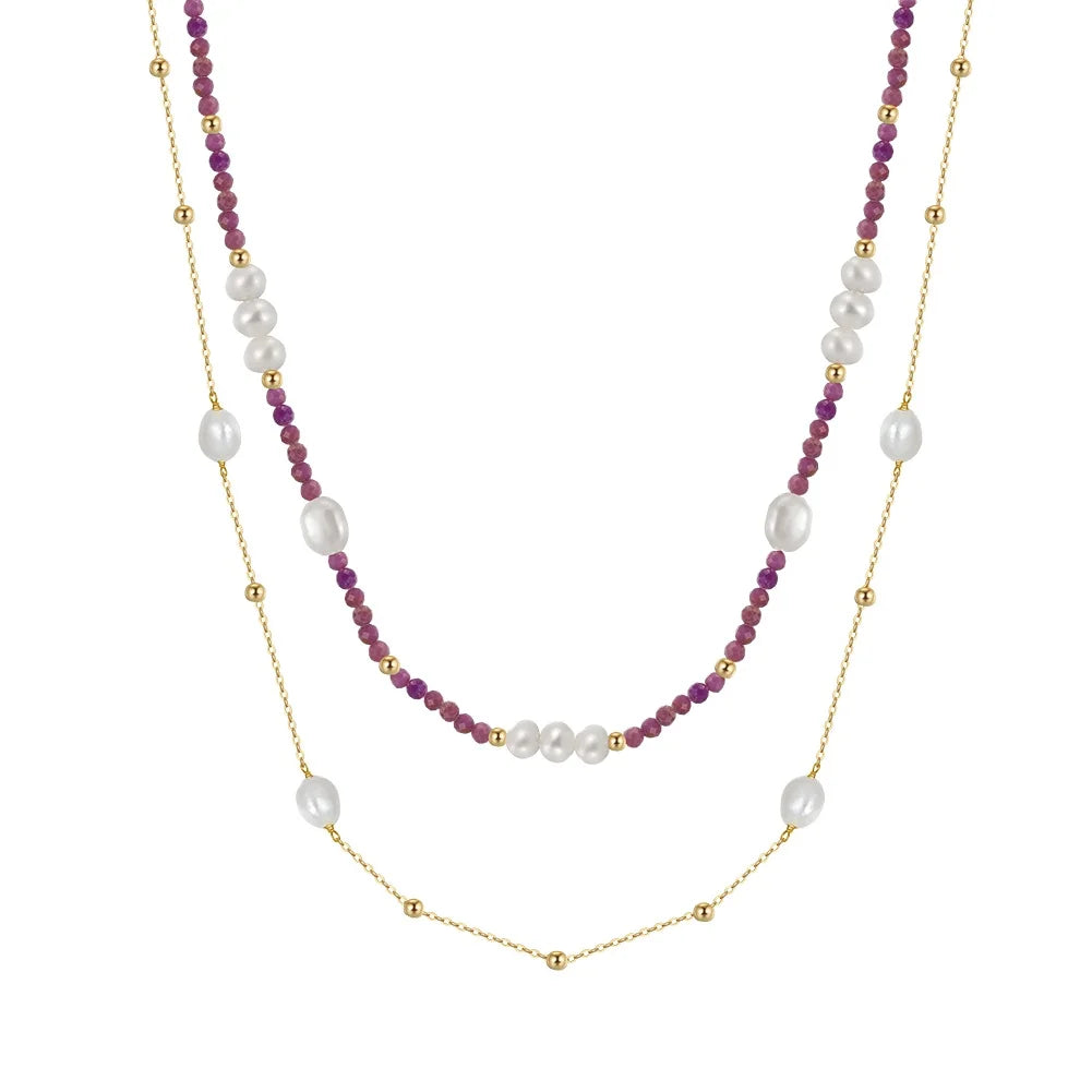 RINNTIN MPN01 Unique Women Fine Jewelry Necklace Freshwater Pearl and Purple Mica Gemstone Double Layers Charms Choker Necklace