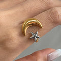 New Arrival Women Elegant Jewelry 18K Gold Plated Ring Stainless Steel Asymmetrical Open Five-point Star Zircon Rings