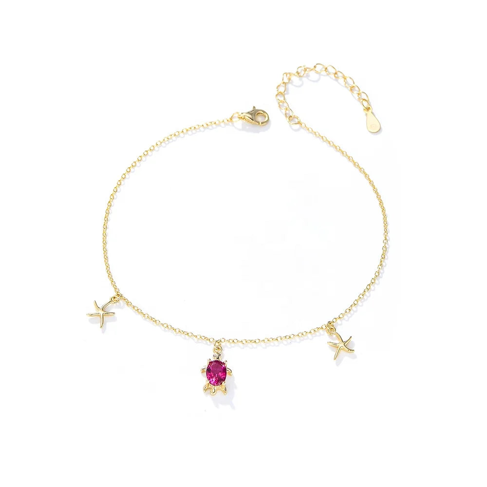 Peishang Fine Jewelry 925 Sterling Silver Boho Simple Foot Jewelry Beach Adjustable Anklet Ruby Turtle Starfish Anklet for Women