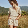 2026 Summer 100% Cotton 2 Piece Set Women V-neck Short Sleeve Shirt and Casual Shorts Set