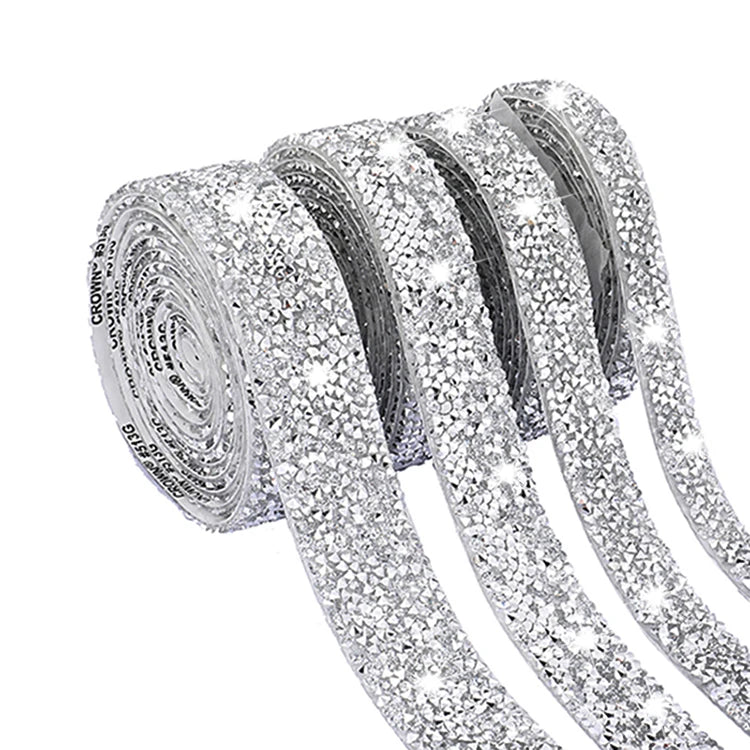 3 Yards Silver Resin Diamond Rhinestone Ribbon Stress Sheets Rectangle Design Heat Transfer Sticker for T-Shirts and Hats
