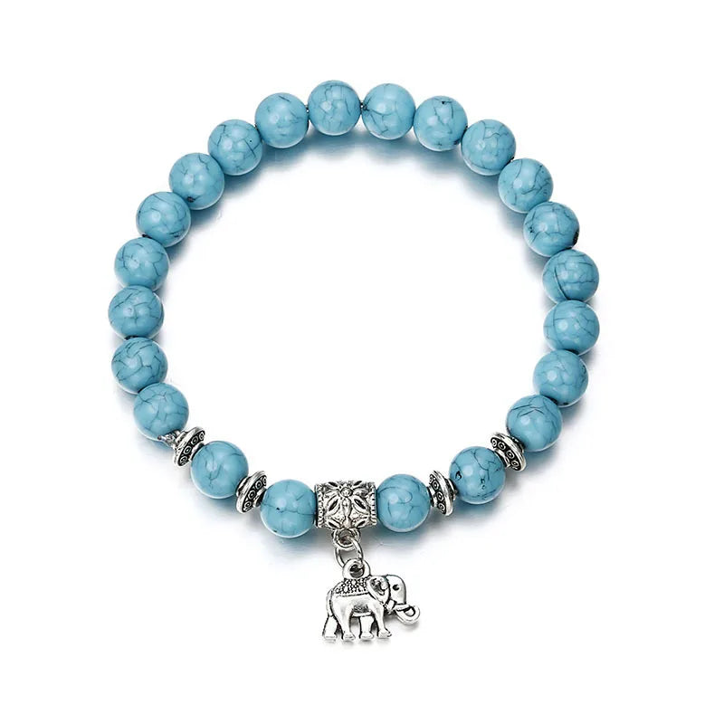 Factory Wholesale Simulated Natural Stone Charm Bracelet with Alloy Elephant Pendant Fashion Jewelry Beaded Bracelets