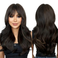 Factory Wholesale Long Wave Black Brown Highlights Wigs with Bangs for Women Synthetic Wig Natural Daily Hair Heat Resistant
