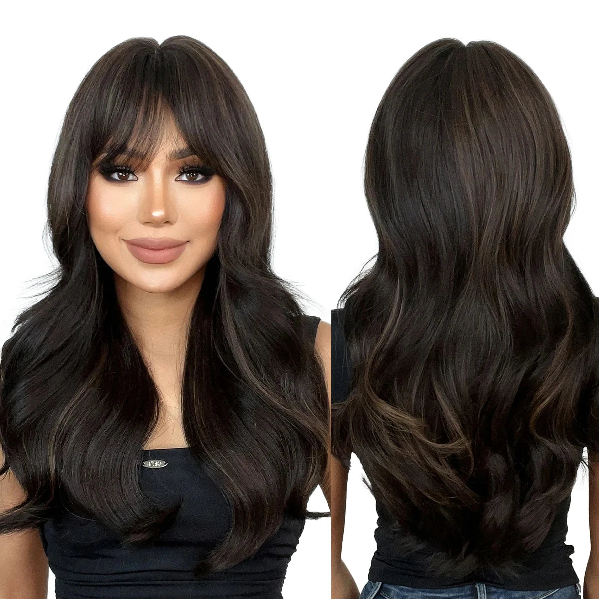Factory Wholesale Long Wave Black Brown Highlights Wigs with Bangs for Women Synthetic Wig Natural Daily Hair Heat Resistant