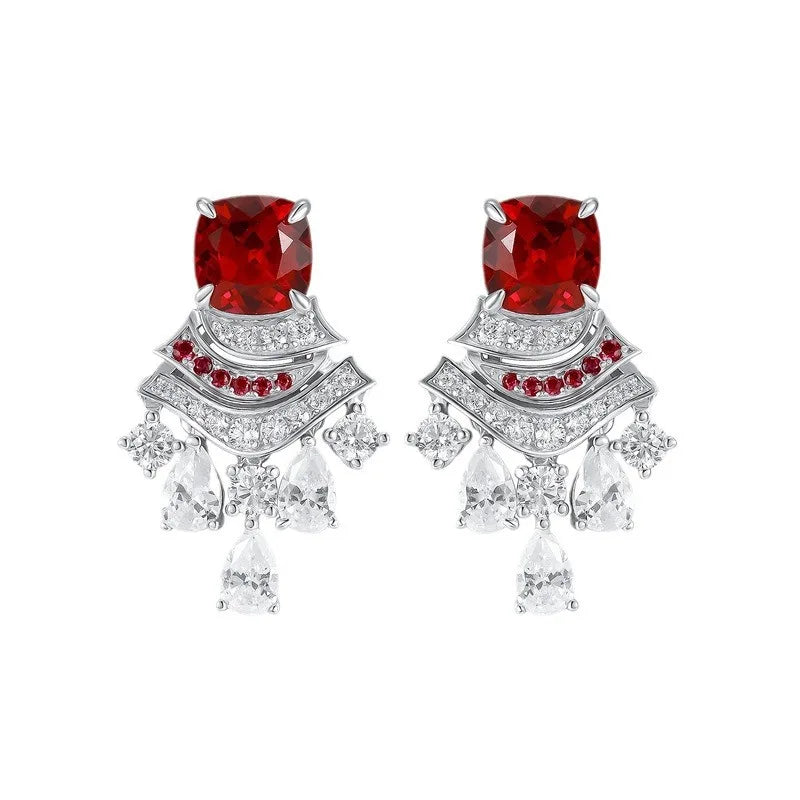 2023 Trend Jewelry  Delicate Geometric Inlaid Egg-shaped Red Ruby Corundum Earrings 925 Sterling Silver Earrings