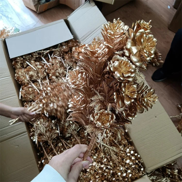 Christmas G-2070 Artificial Golden Plant Leaves Bouquets Flowers for Home Wedding Store Decoration