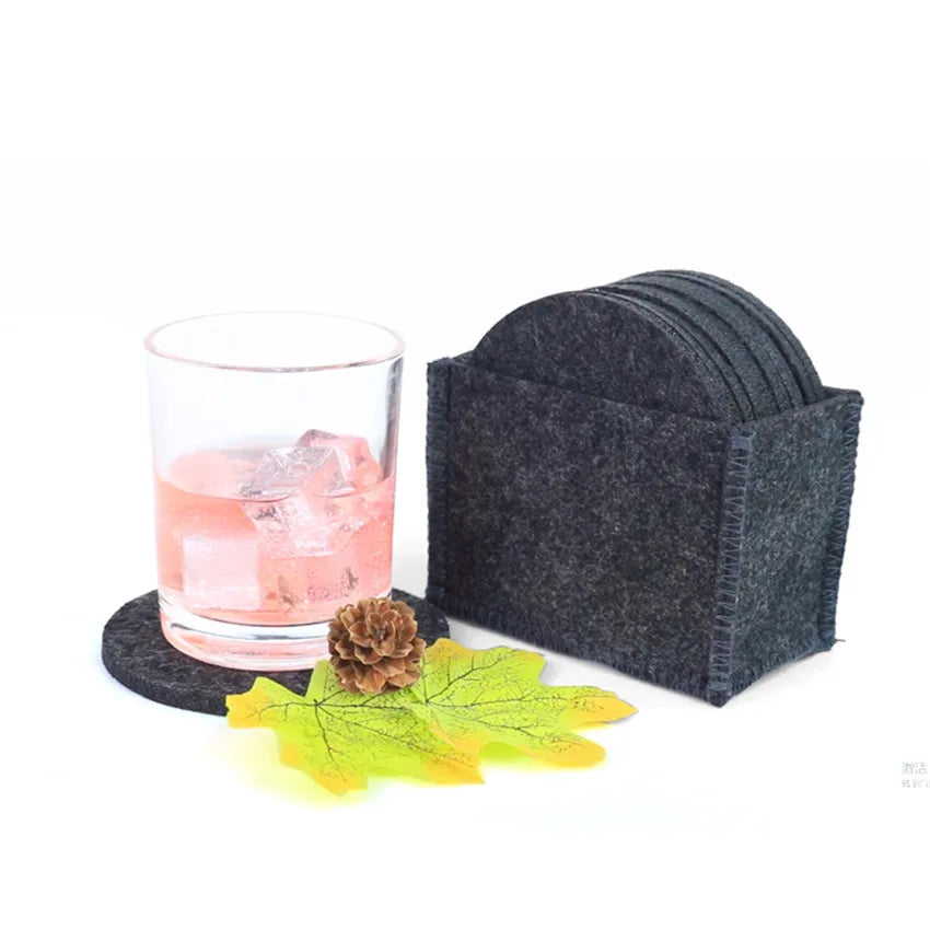 Unique Round Square Felt Drink Coaster Felt Cup Glass Coasters Set with Holder
