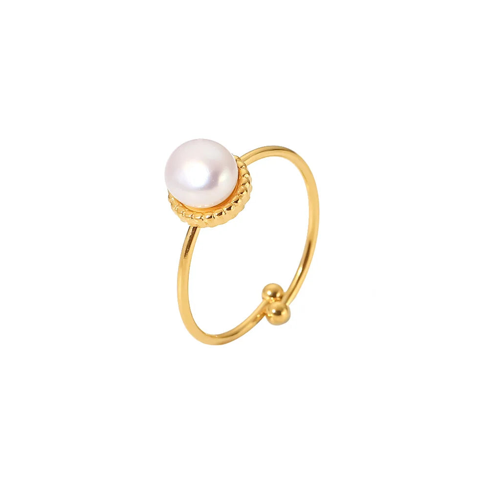 18K Gold Plated Opening Jewelry Gift Stainless Steel Fine Fresh Water Pearl Finger Adjustable Rings for Women