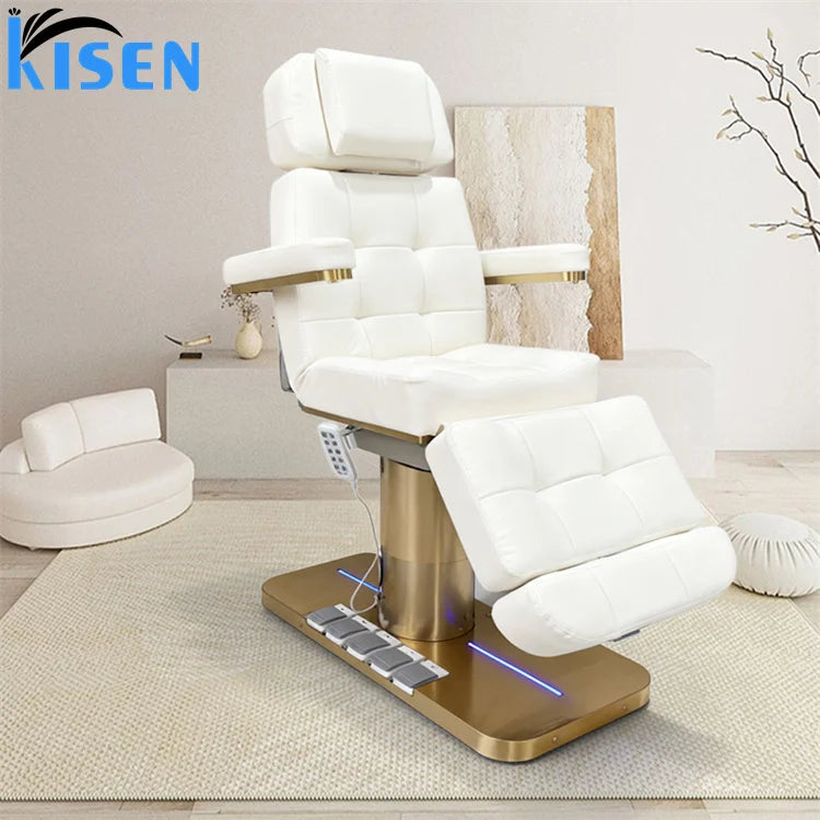 New Arrival Salon Furniture 3 Motors Beauty Salon Chair Gold Metal Base Cosmetic Bed Foot Control Electric Facial Bed for Clinic