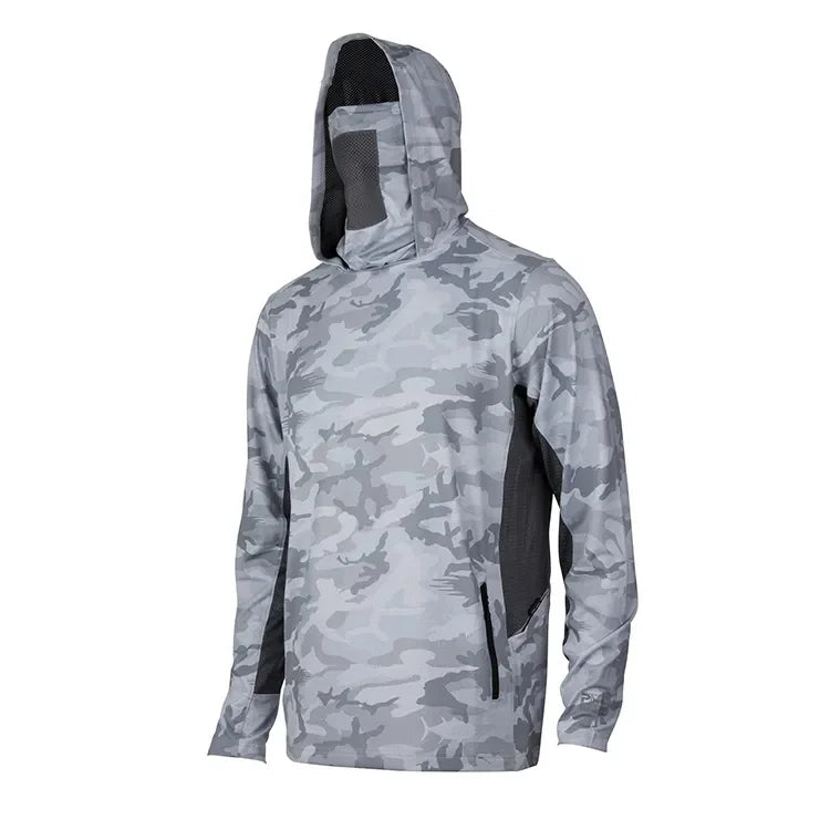 2023 Performance Camo Sublimation Printed Waterproof UPF 50+ Breathable Plus Size Mens Fishing Shirts with Hood and Face Shield