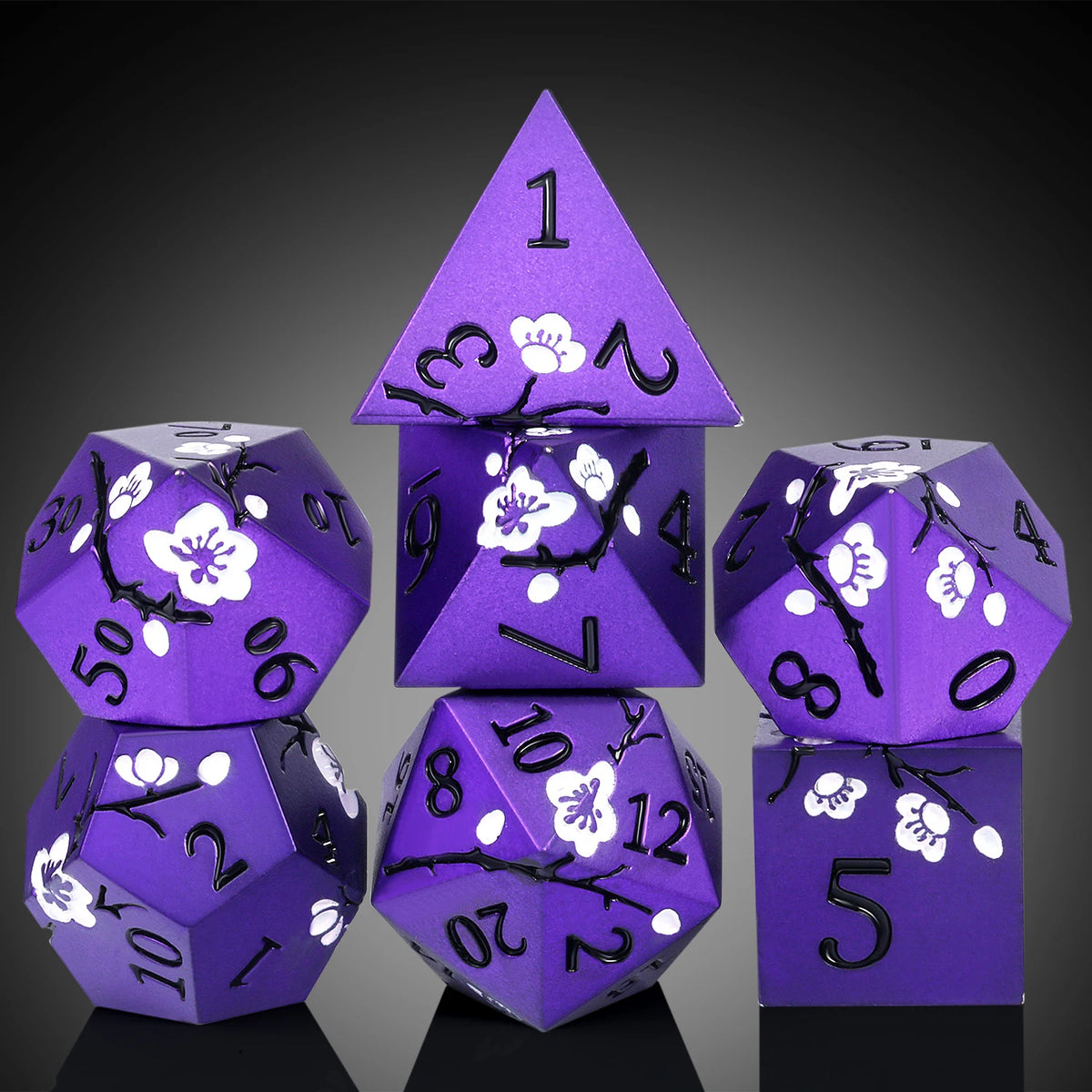 Matt Purple Flower RPG Dice 16mm Square Zinc Alloy 7 PCS D&D Dice Set for Dungeons and Dragons