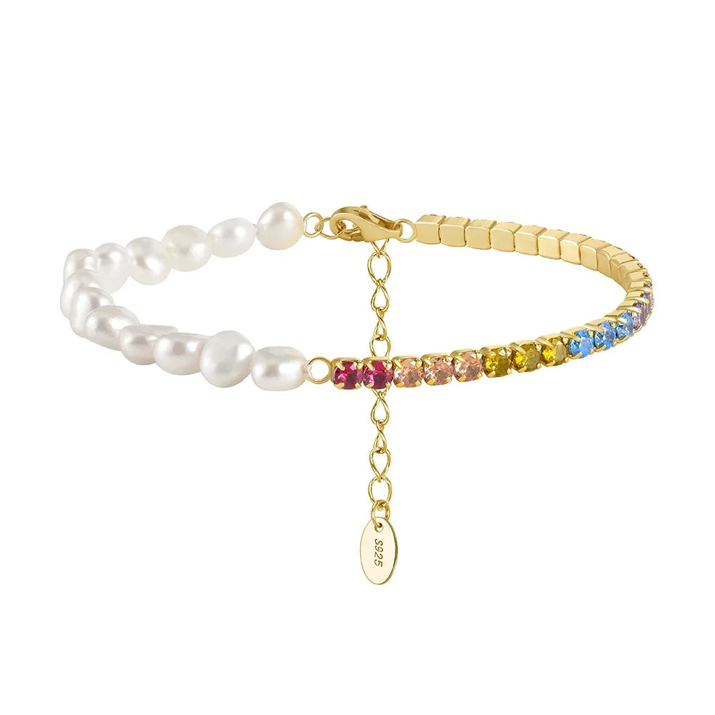 RINNTIN GPB25 925 Silver Irregular Pearl Jewelry Bracelets Freshwater Pearl Bracelet 14K Gold Plated Colored Tennis Bracelet