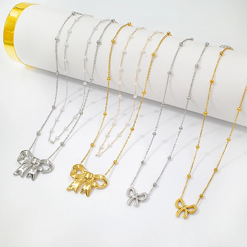Fashion Stainless Steel Jewellery Wholesale 18K Gold Plated Pearl Bowknot Accessories Ladies Necklace Bijoux En Acier Inoxydable