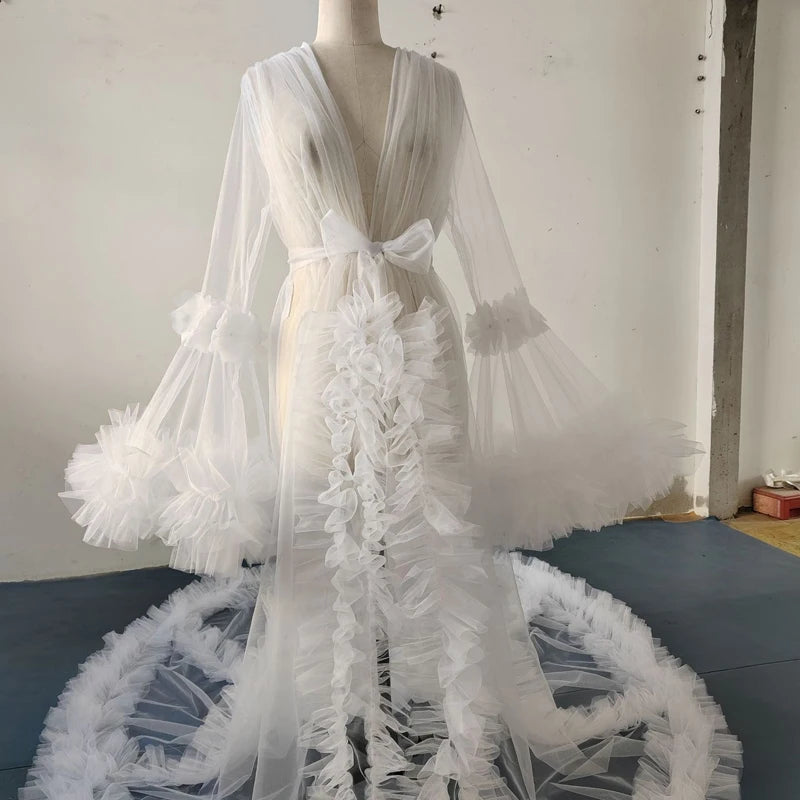Customized White Bridal Dresses for Photoshoot Puffy Tulle Women Robe Long Sleeve Maxi Gown Wedding Bride Sleepwear Nightgowns