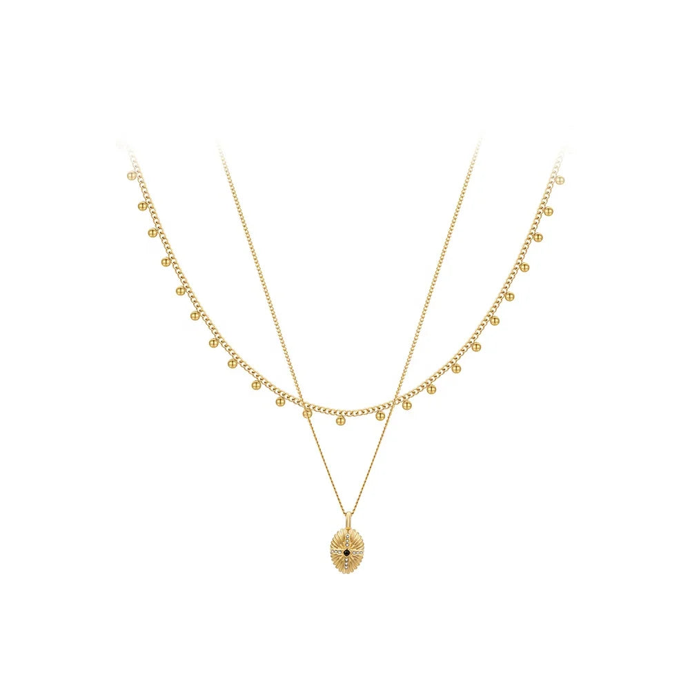 Latest 18K Gold Plated Stainless Steel Jewelry Beaded Choker Double Chain Stripe Oval Cross Zircon Pendant Necklace P233379