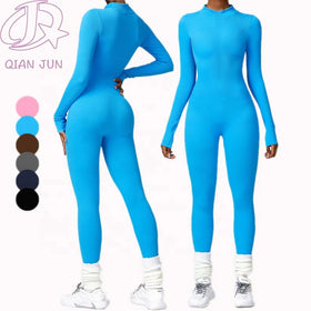 New Women Seamless Zipper Gym Fitness One Piece Jumpsuit Yoga Clothing Long Sleeve Sports Ribbed Jumpsuits