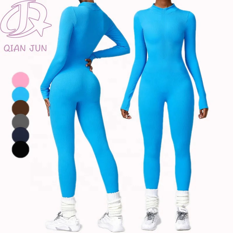 New Women Seamless Zipper Gym Fitness One Piece Jumpsuit Yoga Clothing Long Sleeve Sports Ribbed Jumpsuits