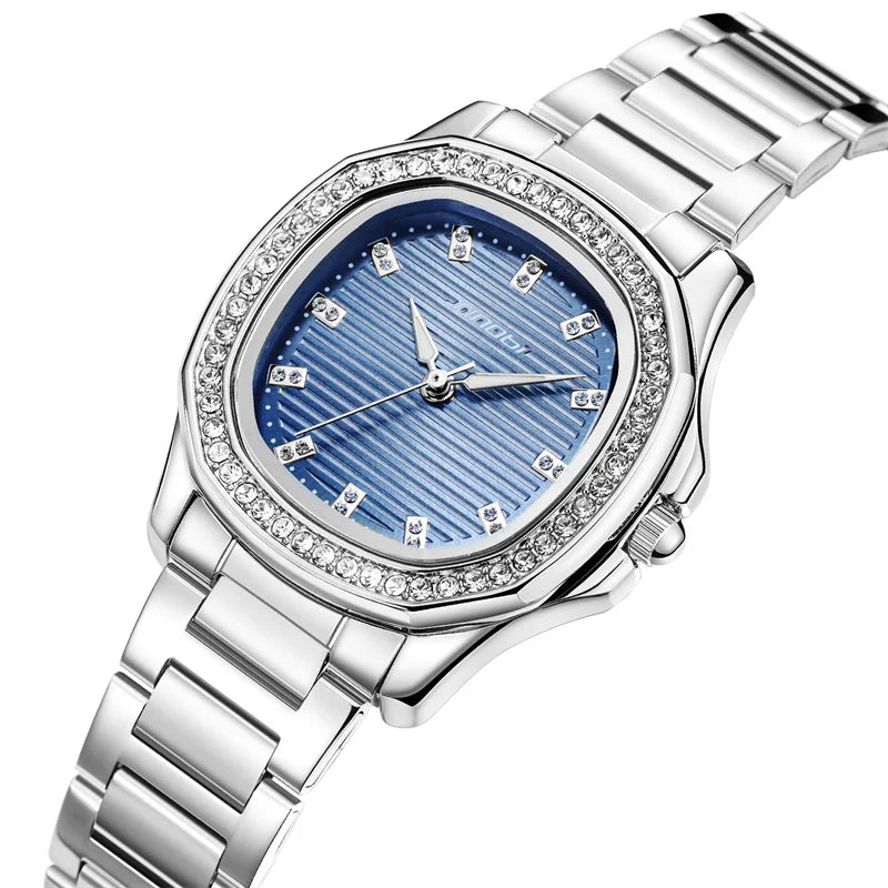 SINOBI New Fashion Square Women's Stainless Steel Band Alloy Case Glass Dial Pointer Hands Waterproof Quartz Watch Calendar Gift