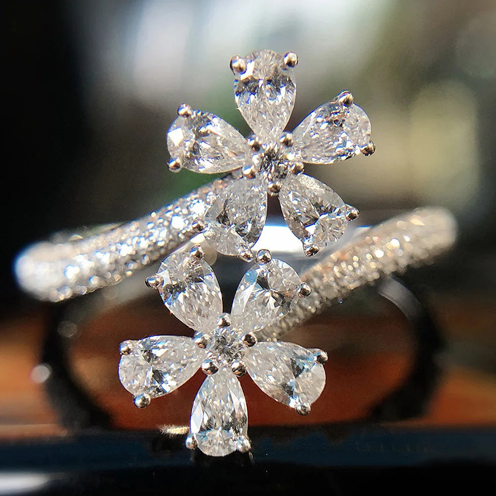 New Fashion Bling Bling baguette Diamond Ring for Women Celebrities fairy Wind Flower Ring