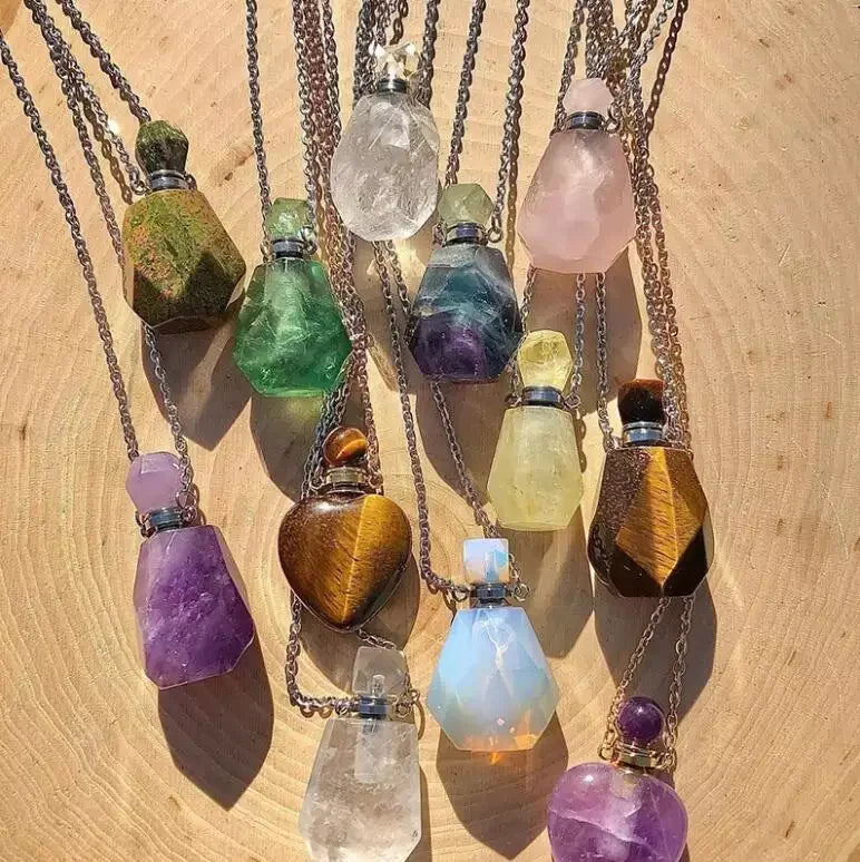 Natural Gem Stone Perfume Bottle Necklace Real Stone Rose Quartz Amethyst Crystal Essential Oil Diffuser Via Necklace Women Men