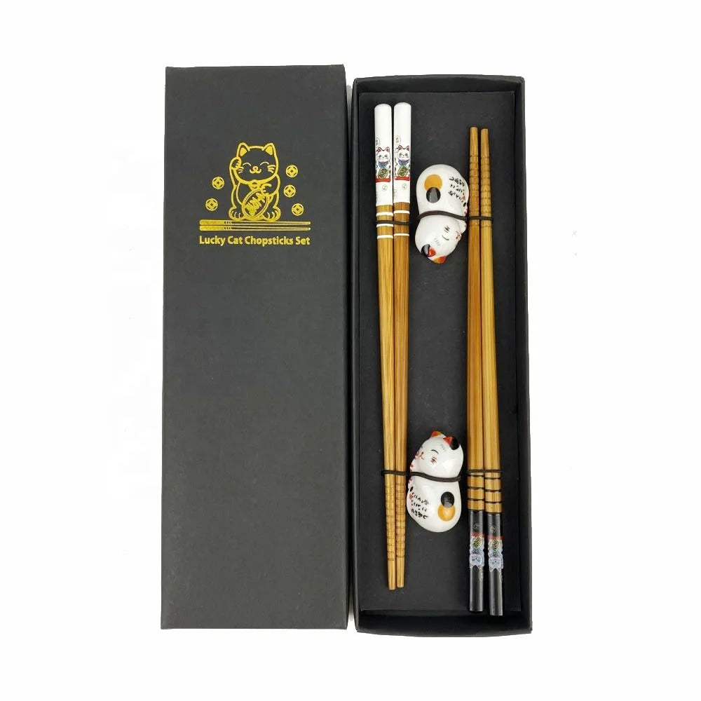 New Design Customized Bamboo Sushi Sticks and Holder Classic Lucky Cat Chopsticks Gift Box Set