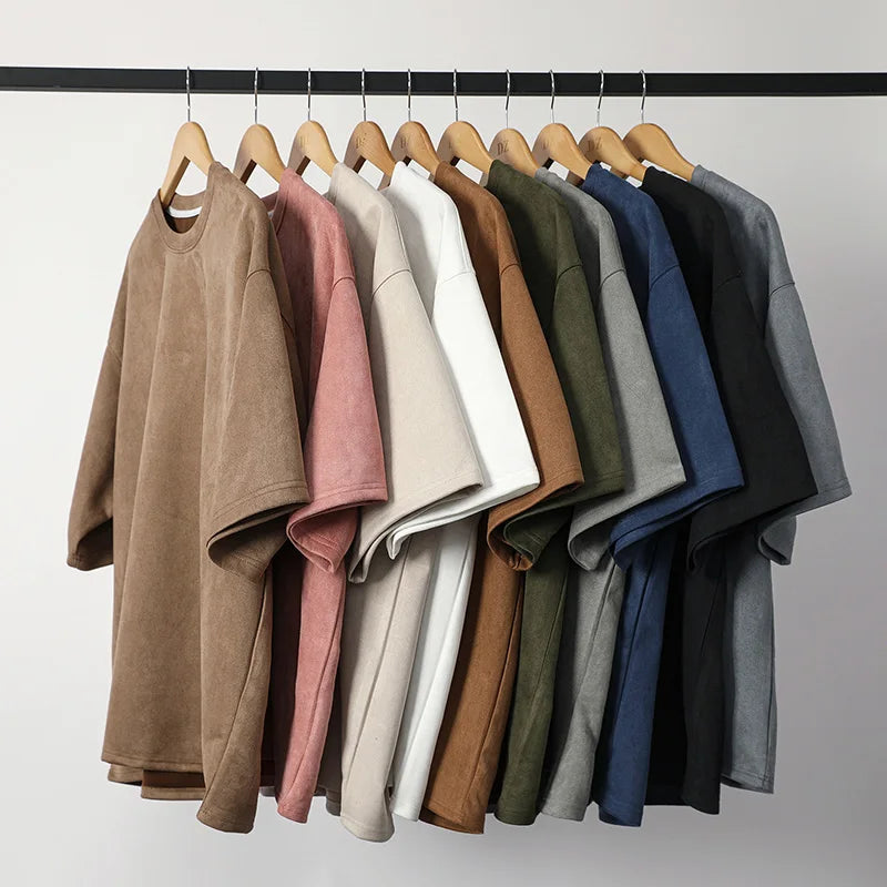 RNSHANGER Summer Short-sleeved T-shirt Men Fashion 10-color Casual Suede T Shirt Men Streetwear Solid Color Loose O-neck Tshirt