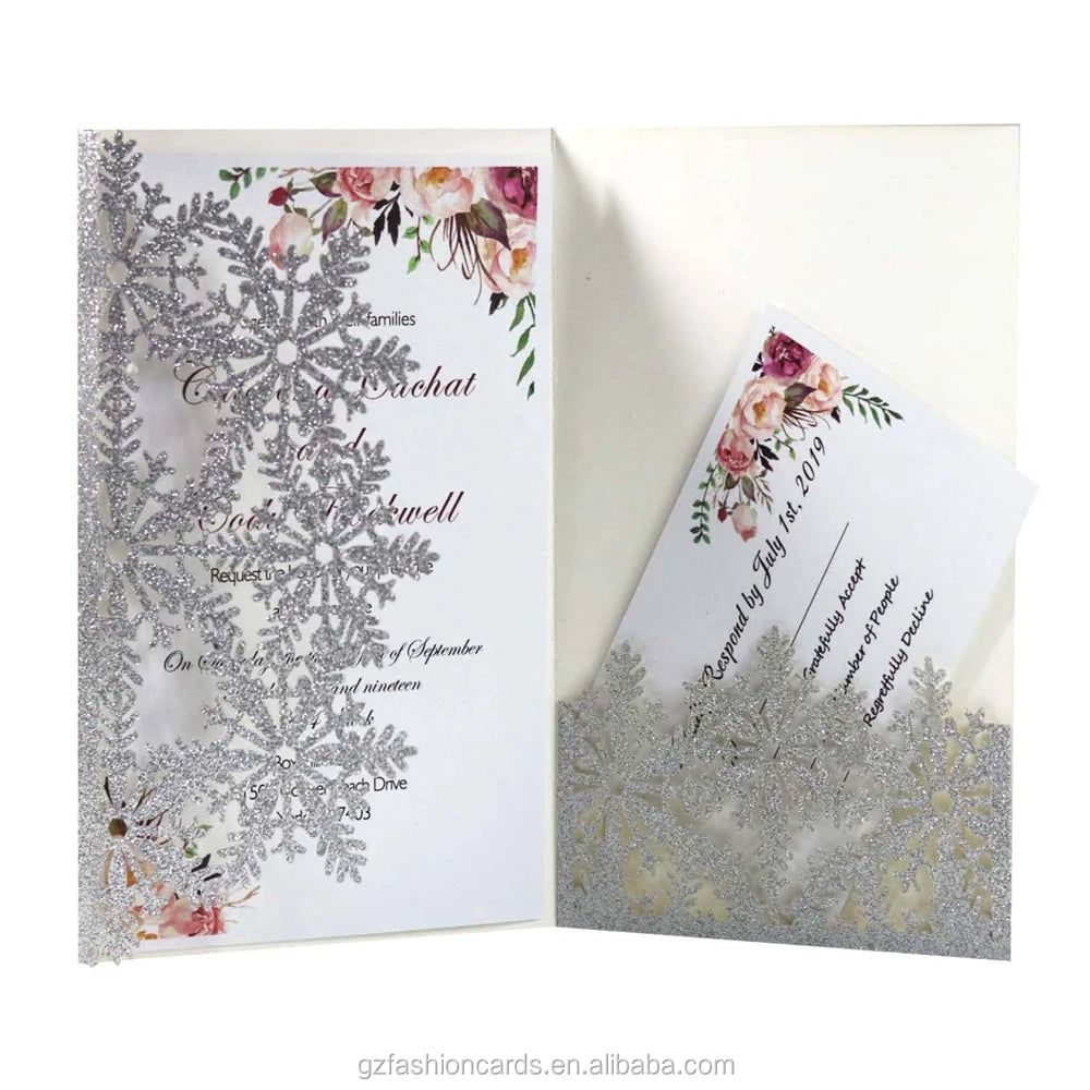 Silvery Snowflake Cards and Customized Glitter Laser Cut Birthday Invitation Cards with RSVP Cards MegaBDM