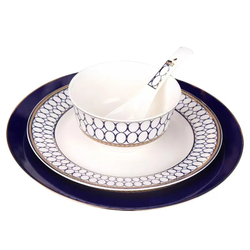 Navy Blue Bone China Dinnerware Set Dishwasher-Safe Porcelain Restaurant Dishes Nordic Scenic Pattern Europe Ceramic Food