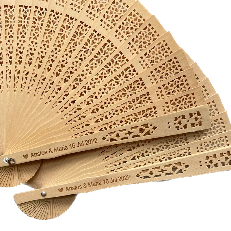 Ready Wedding Favors Folding Nature Wood Hand Fan Customized Bride and Groom Names on Wood Hand Fan