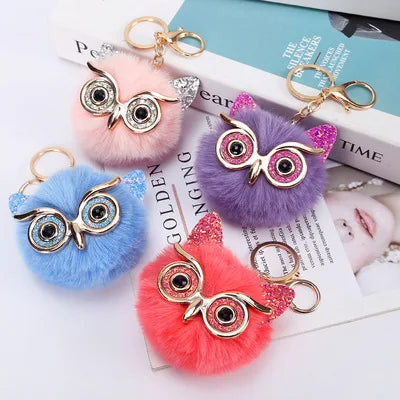 NEW Arrival 8cm Owl Pom Pom Keychain Rex Rabbit Hair Ball Bag Keychain Wholesale