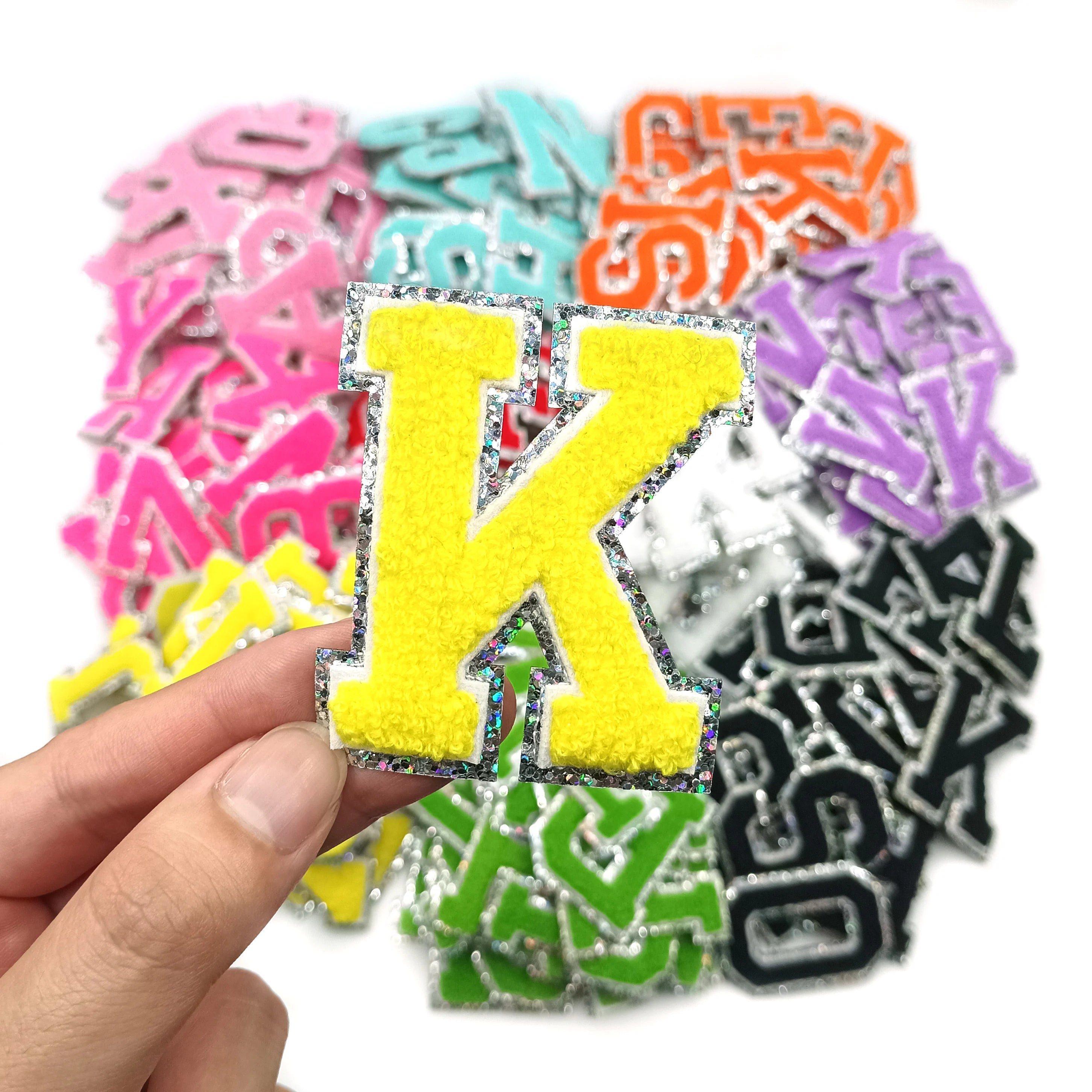 New Silver Edge Yellow Glitter Embroidered Bling Chenille 6.5cm Iron-On Yellow Letter Patches for Bags