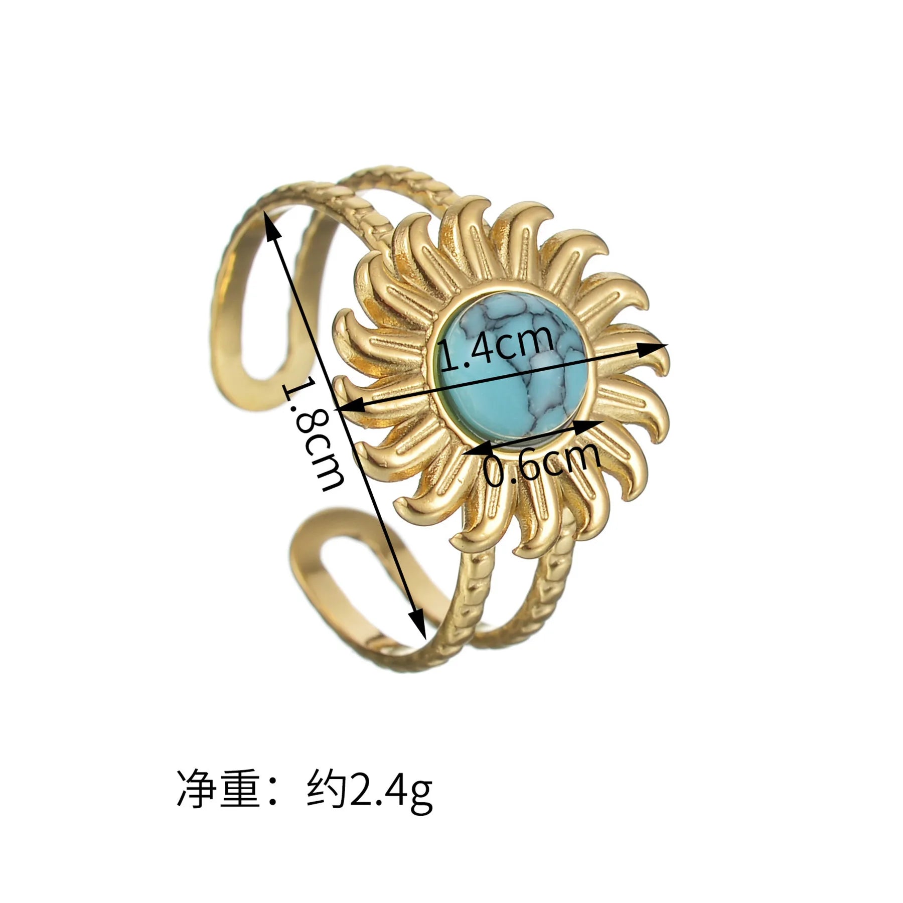 Sunflower Turquoise Open Ring Stainless Steel Plated 18k Gold Jewelry Vintage Ring