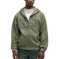 Green Customized Boxy Oversized Embroidered Rhinestone Heavyweight Zip Hoodie Men Cotton Sweatshirt Cut and Sew Hoodie