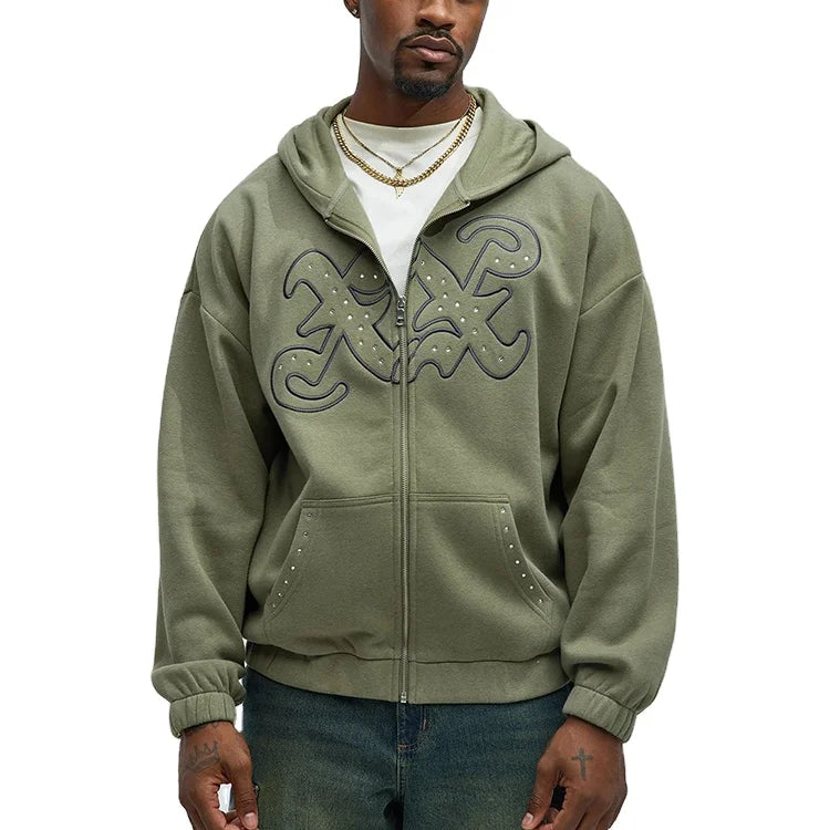 Green Customized Boxy Oversized Embroidered Rhinestone Heavyweight Zip Hoodie Men Cotton Sweatshirt Cut and Sew Hoodie