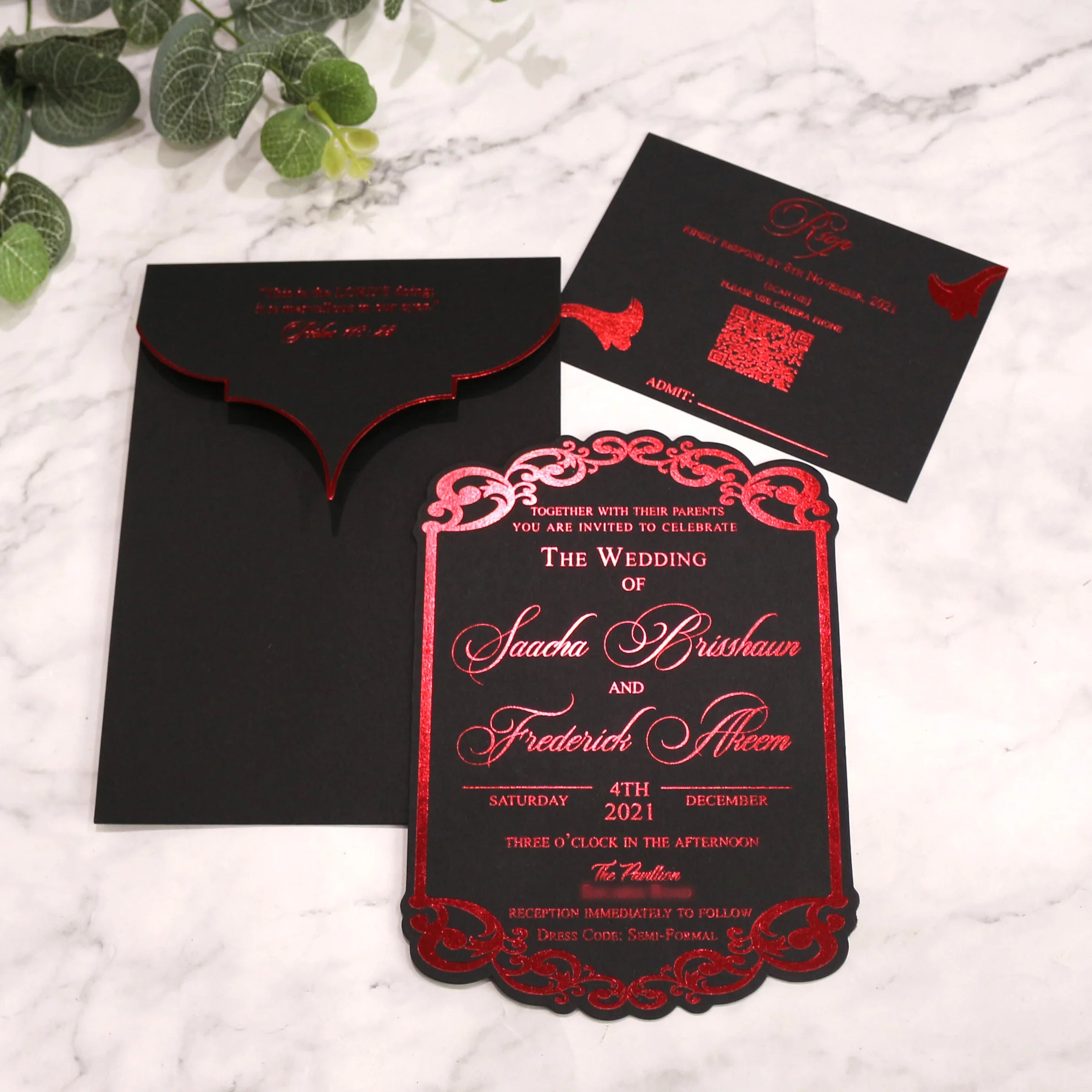 Premium Black Custom Wedding Invitation Set Creative Red Foil Design RSVP Cards Luxury Style Envelopes Birthday Occasions 7 Inch