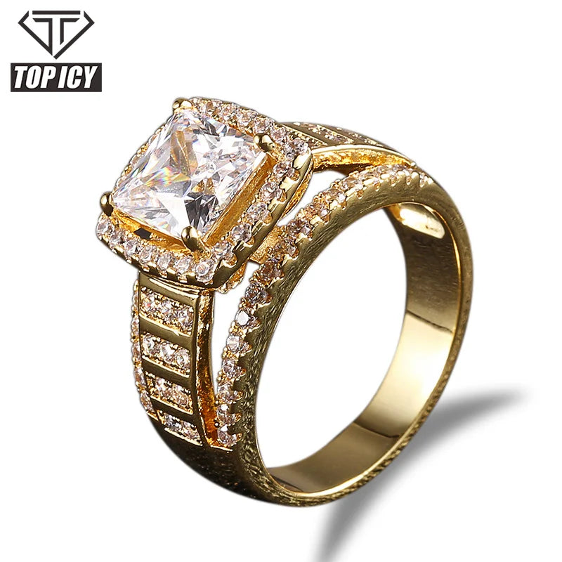 TOP ICY Fashion Hip Hop Gold Big Diamond Ring Hot Selling Iced Out CZ Men Rings Jewelry 18K Gold Plated