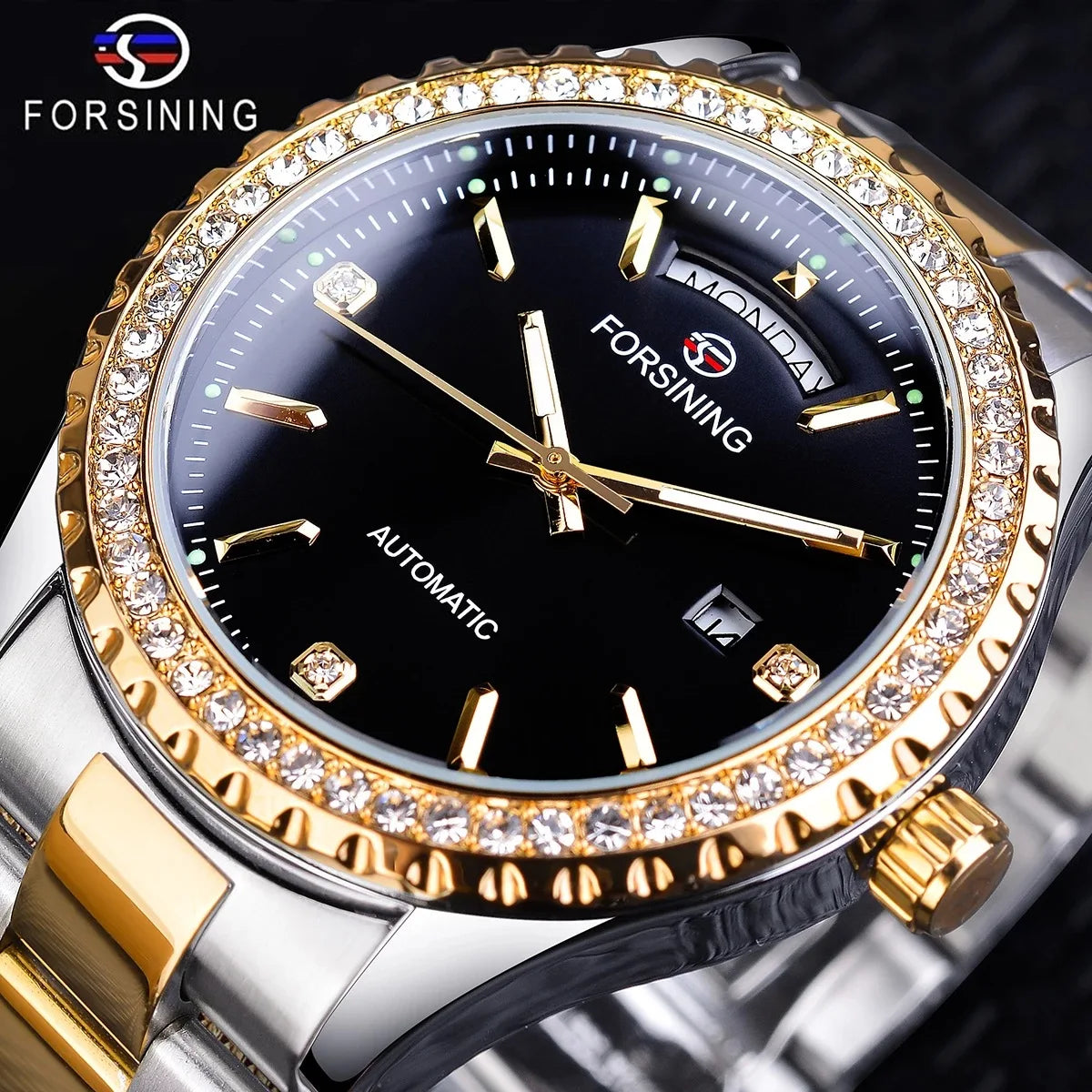 FORSINING S1232 Retro Stainless Steel Multifunction Automatic Mechanical Waterproof White Golden Winding Watch Male Sport Clock