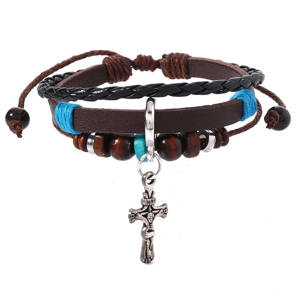 Whole Sale Handmade Alloy Cross Pendant Adjustable Size Bracelet for Men Women Trendy Gift Religious Jewelry