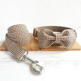 Classic Pet Shop Dog Supplies Harness Custom Dog Collar Bowtie Brown Plaid Pet Leash Collar Manufacturer Dog Leads and Collars