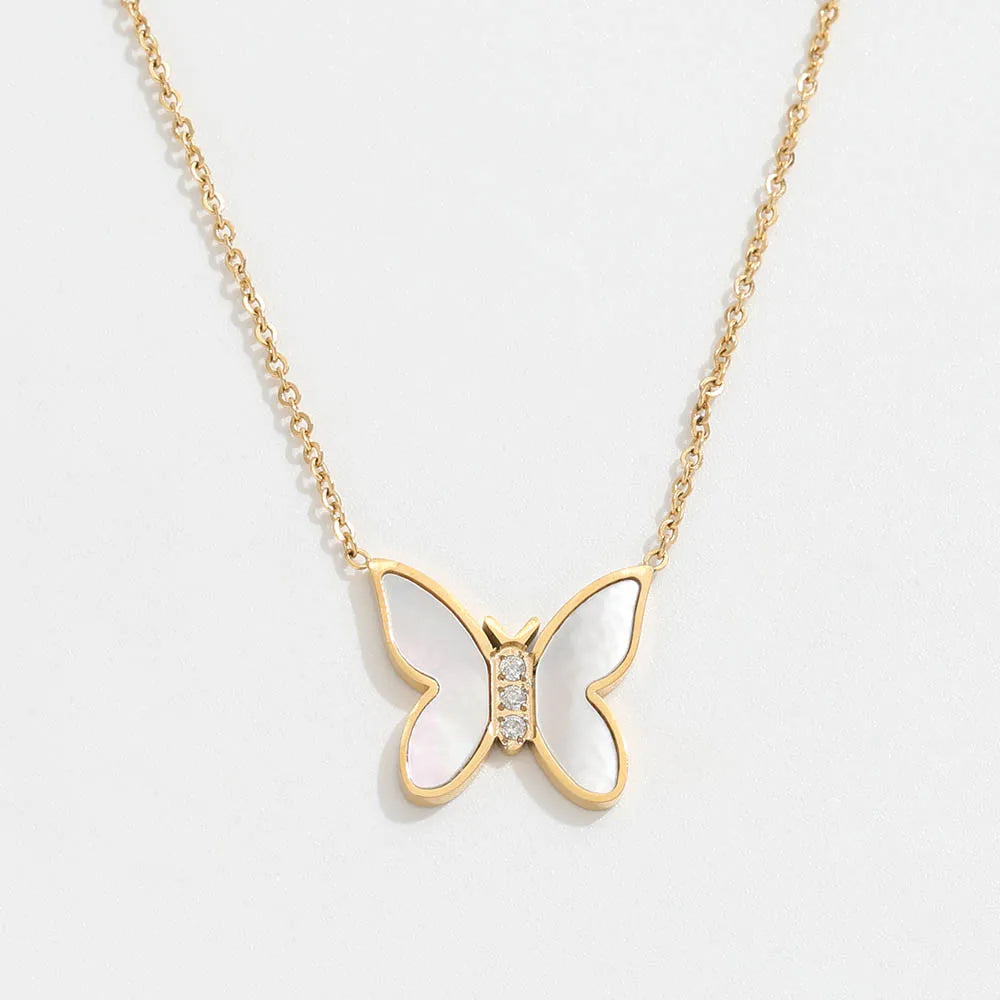 Joolim Jewelry 18K Gold Plated Dainty Zirconia Shell Butterfly Pendant Choker Necklace Stainless Steel Jewelry Wholesale