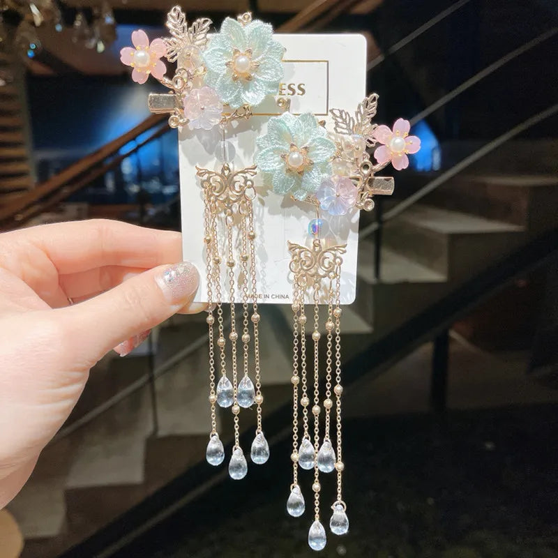 2 Pcs/Set New Children Cute Flower Ornament Hair Clips  Girls Lovely Barrettes Chinese Antique Hairpins Kids Hair Accessories