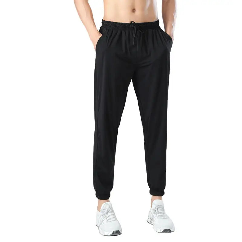 Men's Ice Silk Trousers Solid Color Mid-Waist Loose Breathable Straight-Leg Casual Pants Thin Quick-Drying Sports Pants